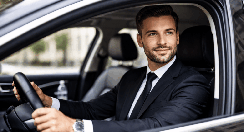 Chauffeur privé en costume au volant d’un véhicule premium à Paris
